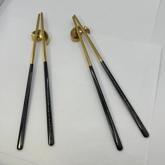 2 Sets of 9" Long Chopsticks and Chopstick Rests SUS 304 Black Handle Gold Tips - Picture 1 of 4